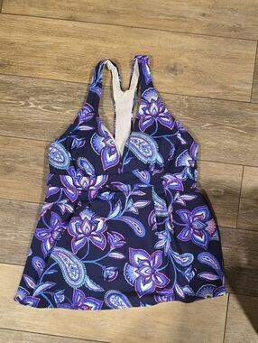 Lands' End Navy Floral Paisley One-Piece Swim Dress with Purple & Blue Accents